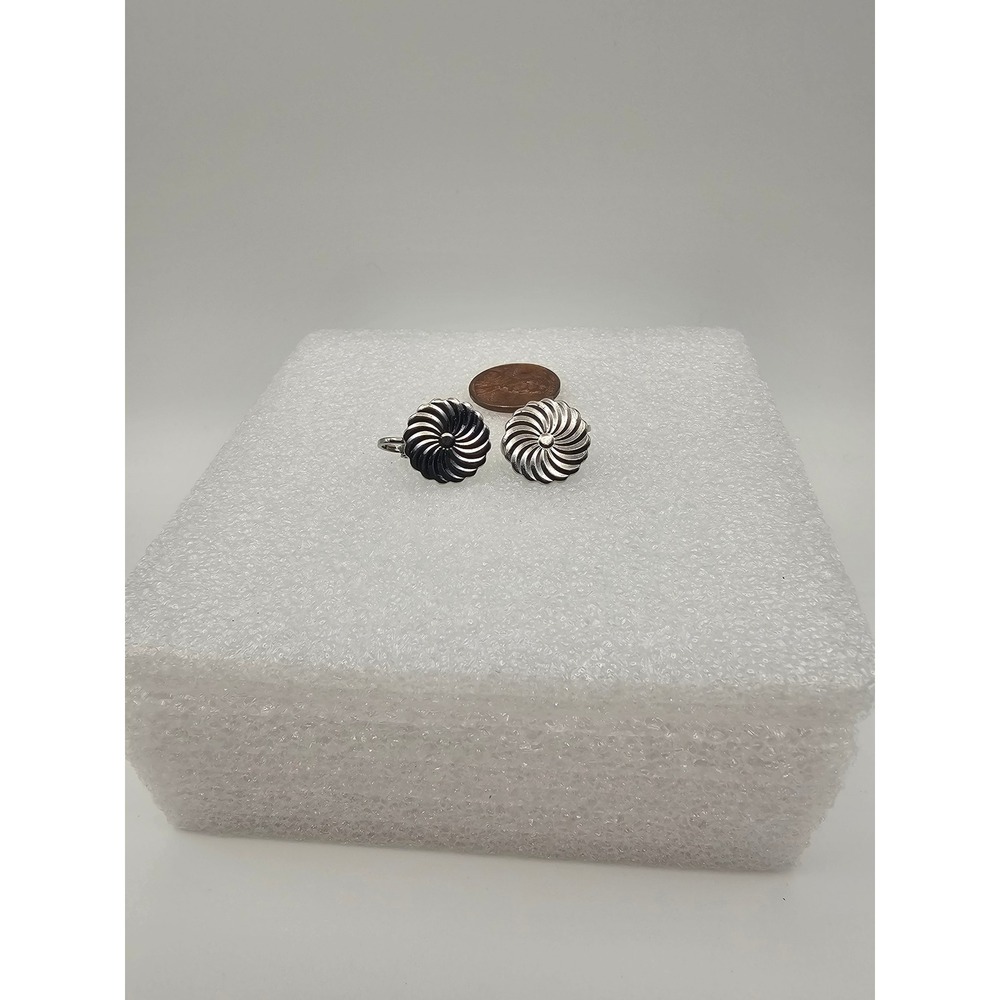 Vintage Silver Tone Sunburst Swirl Clip On Earrings Scalloped Edge Mid Century
